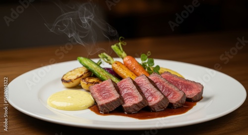 Plated dish with sliced steak, roasted vegetables, sauce, and steam, on a white plate atop a wooden surface.