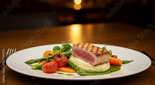 A seared tuna steak on mashed potatoes surrounded by vegetables, on a white plate. Restaurant setting with dark, blurred background.