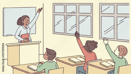 Illustration of a teacher standing at the front of a classroom with students raising their hands up high