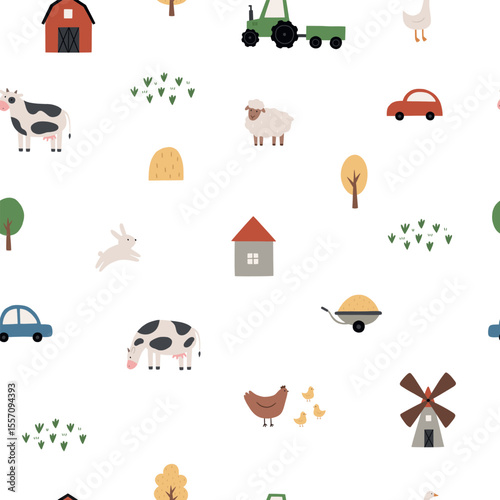 Hand drawn pattern with rural elements. Vector illustration on a white background in a flat style. Cute farm