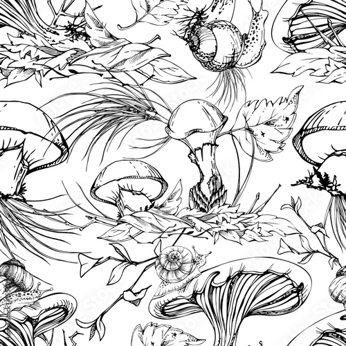 Russula webcap Suillus larch bolete slippery jack mushroom. Fungi natural seamless pattern hand drawn in vector ink. Crawling snail on cap, on top of fallen autumn leaves pile with twigs, pine needles