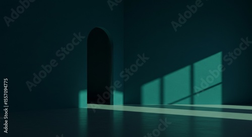 Teal room interior with arched opening and window light. Shadow patterns on wall and floor.