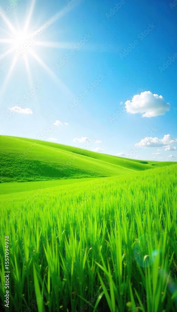 Fototapeta premium Sunlit Lush Green Field Idyllic Summer Landscape Perfect for Nature, Spring, and Environmental Projects