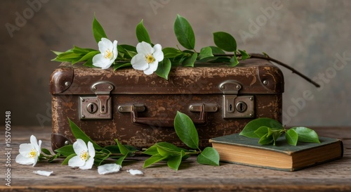 Still life of a weathered brown suitcase, a book, and white flowers with green leaves against a muted background.