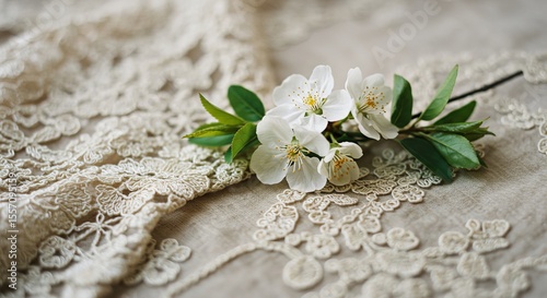 Close-up of white blossoms with green leaves on top of beige lace and fabric. Soft focus and shallow depth of field.
