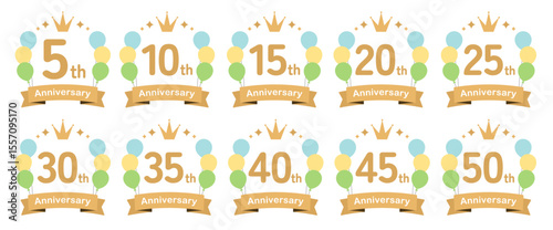 風船のかわいいアニバーサリーロゴのセット（ベクター 周年記念 お祝い ロゴ イラスト 5周年 10周年 15周年 20周年 25周年 30周年 35周年 40周年 45周年 50周年）