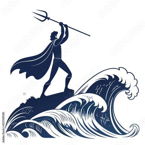 A stark, minimalist silhouette of a powerful hero brandishing a prominent trident.
