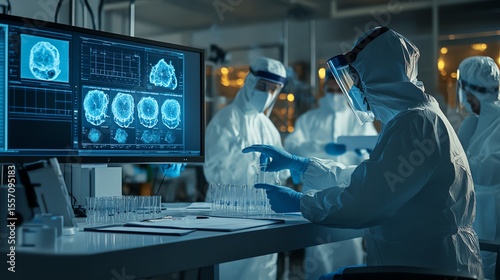 A realistic nuclear safety protocol training session featuring engineers in PPE, with a presentation on the screen in a professional workspace.