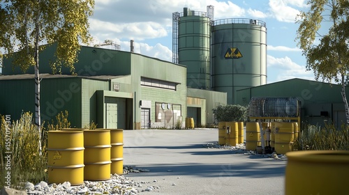 A photo-realistic image showcasing a nuclear waste management facility, featuring secure barrels and advanced containment systems focused on environmental safety.