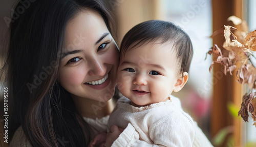 Smiling woman holding a baby in her arms, both radiating joy, surrounded by soft natural light and a cozy indoor setting, capturing a heartwarming family moment