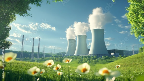 A photo-realistic exterior view of a cutting-edge nuclear power station surrounded by lush greenery, emphasizing clean technology in stunning 8k UHD.