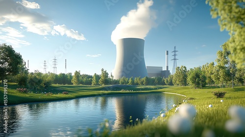 A photo-realistic exterior view of an advanced nuclear power station harmoniously surrounded by lush greenery, showcasing clean technology.