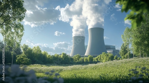 A realistic exterior view of an advanced nuclear power station set amidst lush greenery, emphasizing clean technology in stunning 8k UHD.