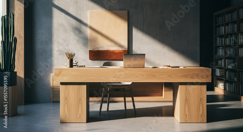 Modern office interior featuring a wooden desk, laptop, and stylish decor, illuminated by natural light, creating a productive and inspiring workspace atmosphere