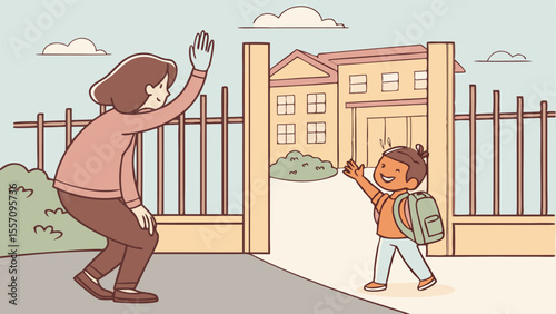 Illustration of a mother waving goodbye to her child going to school near a fence and building