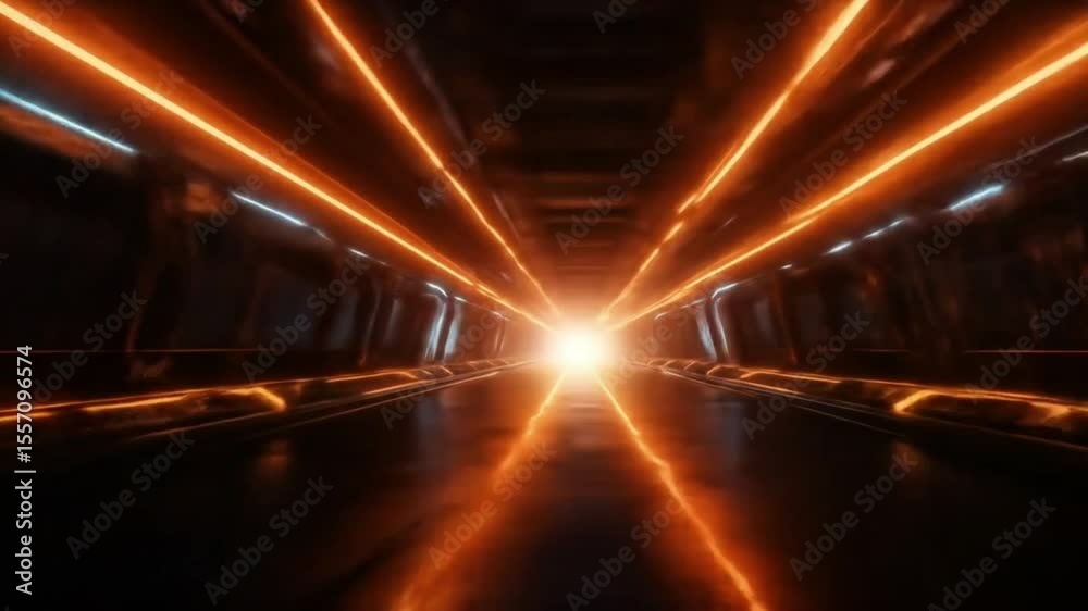 Futuristic sci-fi tunnel with glowing orange and blue neon lights, seamless looping 4K time-lapse animation video background