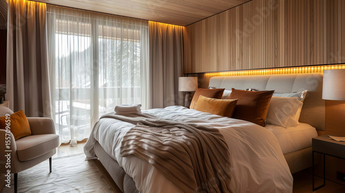 Cozy bedroom interior featuring a plush bed with warm bedding, stylish armchair, and large windows allowing natural light, creating a serene and inviting atmosphere for relaxation