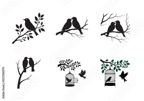 Silhouette Set of Love Birds on Branches and Cages