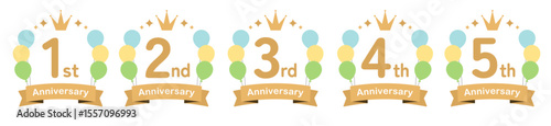 風船のかわいいアニバーサリーロゴのセット(ベクター 周年記念 お祝い ロゴ イラスト 1周年 2周年 3周年 4周年 5周年 )