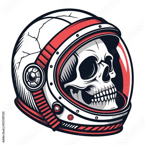 A haunting, stylized astronaut skull inside a severely cracked and damaged helmet.