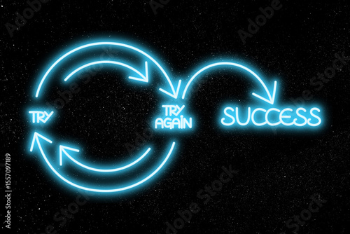 success formula, try and try again loop, blue neon illustration