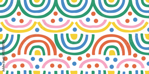 Colorful Rainbow pattern: A vibrant pattern that combines playful arc shapes with dots. Using a cheerful color palette to create a cheerful, positive design.