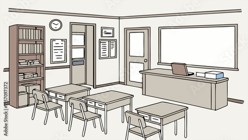 Illustration of a classroom interior with desks chairs whiteboard and a bookshelf filled with books