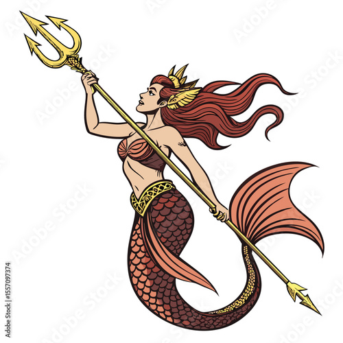 A powerful, mythic warrior mermaid with flowing hair and twin tails, ready for battle.