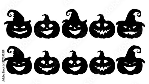 Set of black pumpkins in hats silhouette on tranparent background