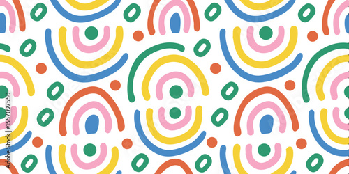 Rainbow Arc Pattern: A vibrant and cheerful seamless pattern featuring colorful rainbow arcs and scattered dots, perfect for adding a playful touch to any design project. 