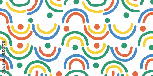 Seamless Colorful Pattern: A vibrant seamless pattern, composed of repeating abstract rainbow and dot elements, fills the frame, radiating with joy. 