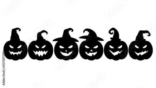 Set of black pumpkins in hats silhouette on tranparent background