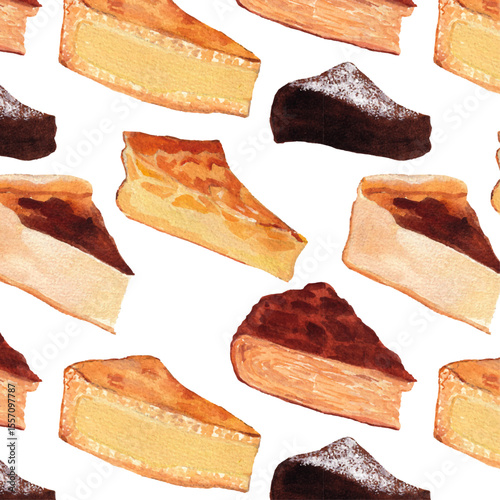 Seamless Pattern – French Cakes and Slices with Chocolate Torta Caprese and Kouign-Amann. Cute realistic painting style. Cozy background for bakery branding, cookbook, cooking banner. 