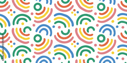 Vibrant Pattern: A lively and colorful pattern featuring a repeating design of layered, semi-circular elements and dots, evoking a sense of energy and movement.