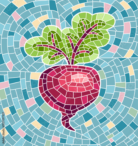 A bright mosaic artwork featuring a stylized beetroot with lush green leaves. Vector illustration on the white background. 