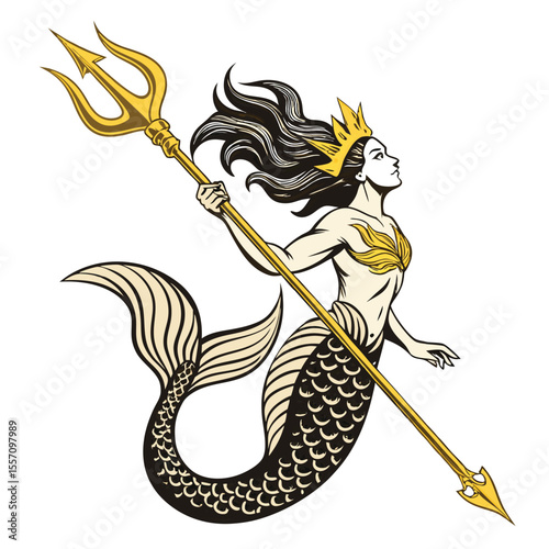 A majestic, mythical warrior mermaid, featuring striking twin tails and golden embellishments.