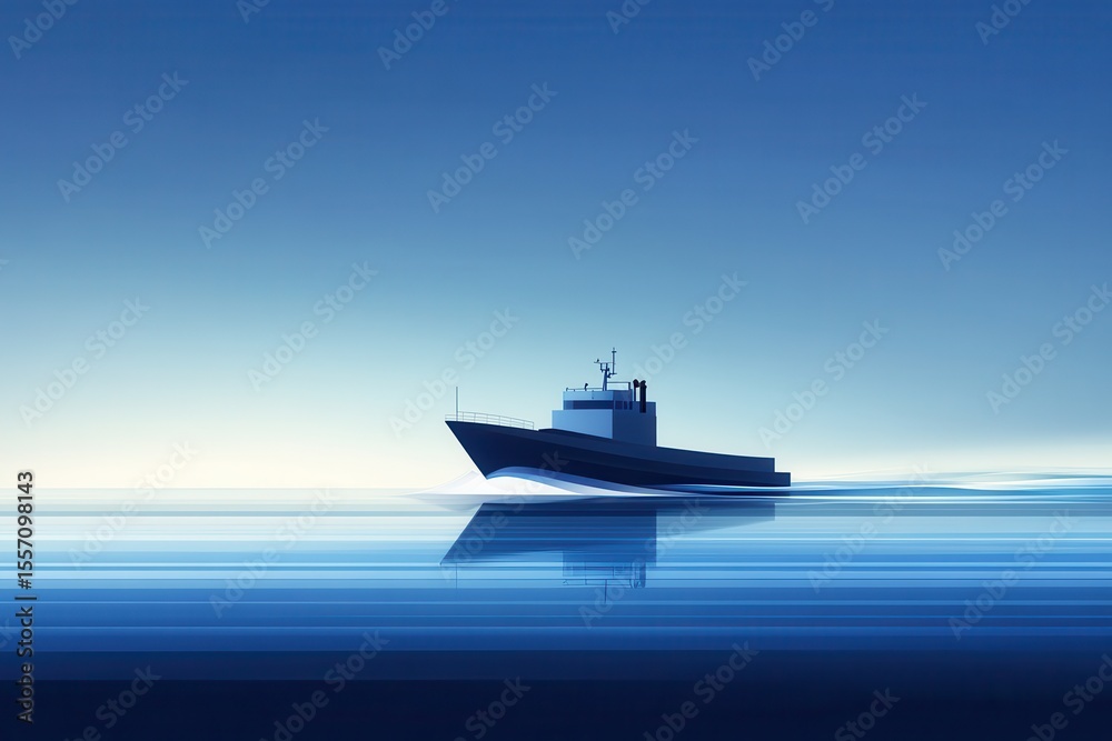 Obraz premium Minimalistic illustration of a cargo ship sailing smoothly across a calm sea at dusk