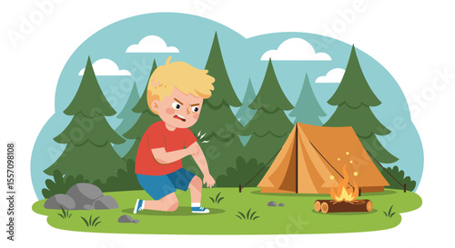 Young boy camping and building a fire in a forest clearing  