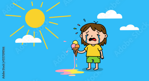 Crying child holding melting ice cream under bright sun  