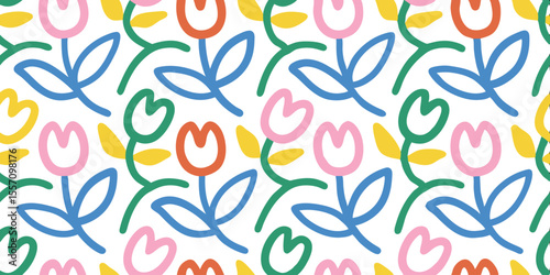 Floral Delight: An enchanting pattern showcasing cheerful tulip blossoms in vibrant colors, perfect for adding a touch of spring's freshness and aesthetic appeal.