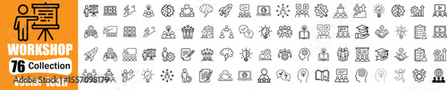 Workshop 76 icon set. Business-related line icons: teamwork, collaboration, education, coaching, team building, meeting, training, presentation, and more. Editable stroke. Vector illustration.