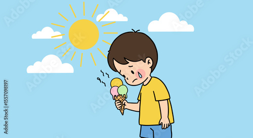 Young boy looking sad with melting ice cream under sunny sky  