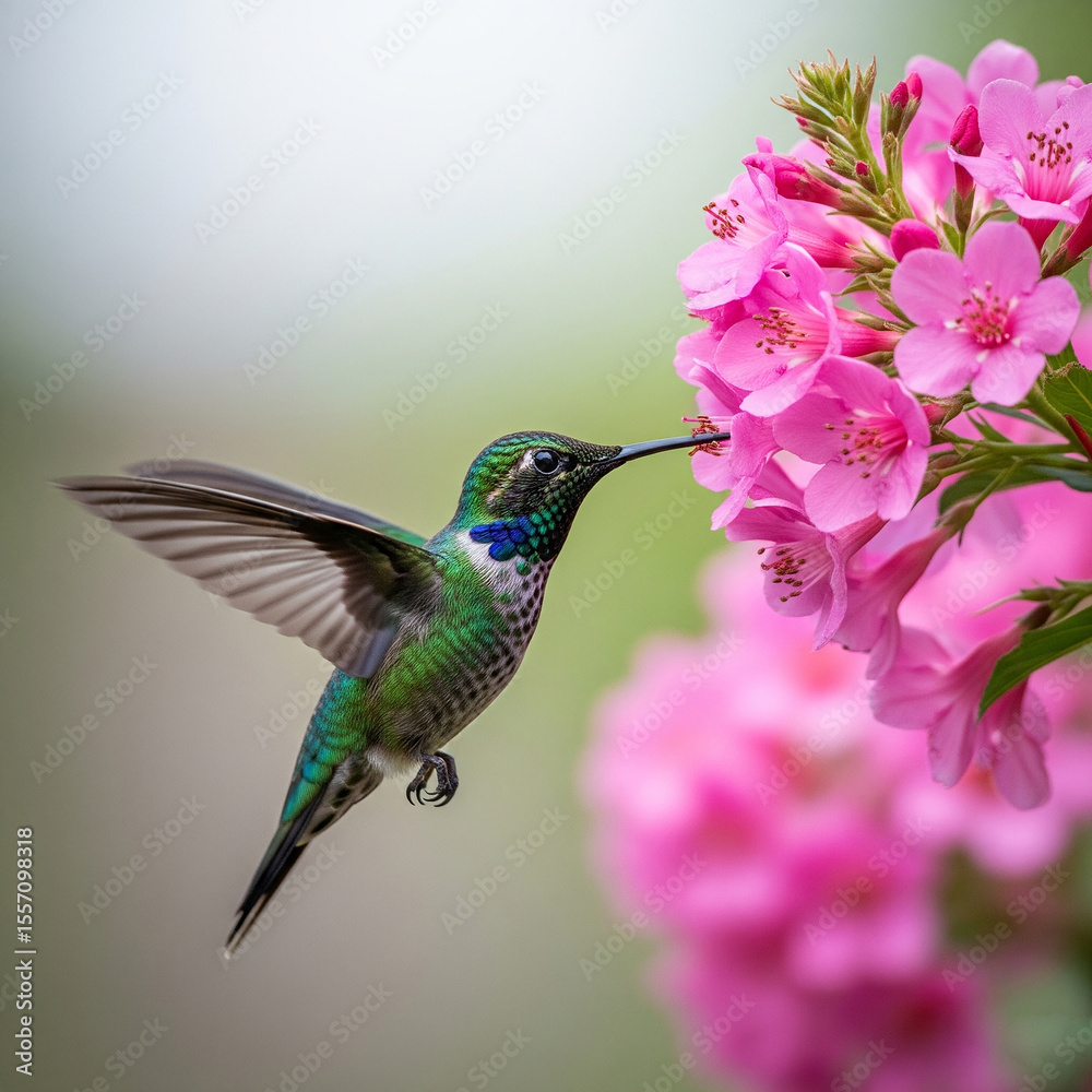 Fototapeta premium closeup of hummingbird on flower. Hummingbird feeding on pink blossoms. bird flying over flower.