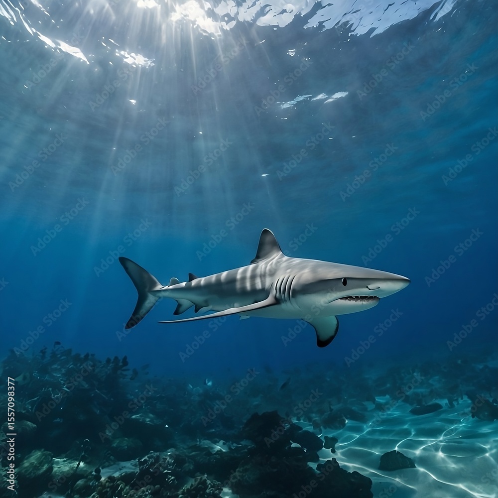 Fototapeta premium Blue Shark Gliding Gracefully Through Crystal-Clear Ocean Depths