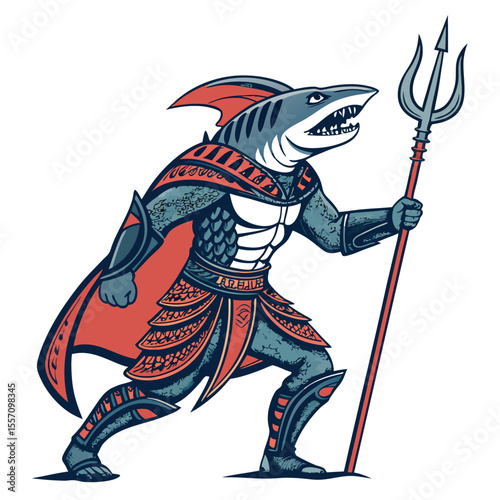 A powerful, mythical shark god ruling the ocean depths, wielding a vibrant coral trident.