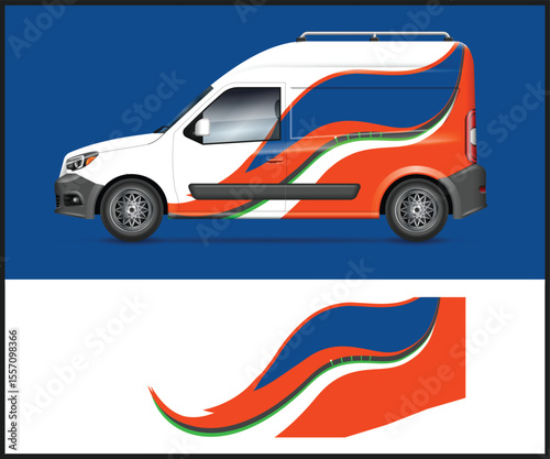 Van Wrap Design with Orange and Blue Graphics