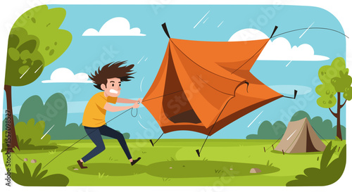 Young man struggling with orange tent in windy outdoor park  