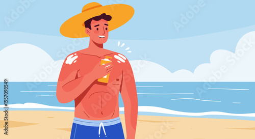 Young man applying sunscreen while smiling on beach during summer  