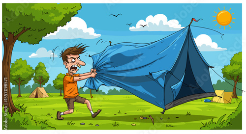 Animated man struggling to set up a blue camping tent outdoors  
