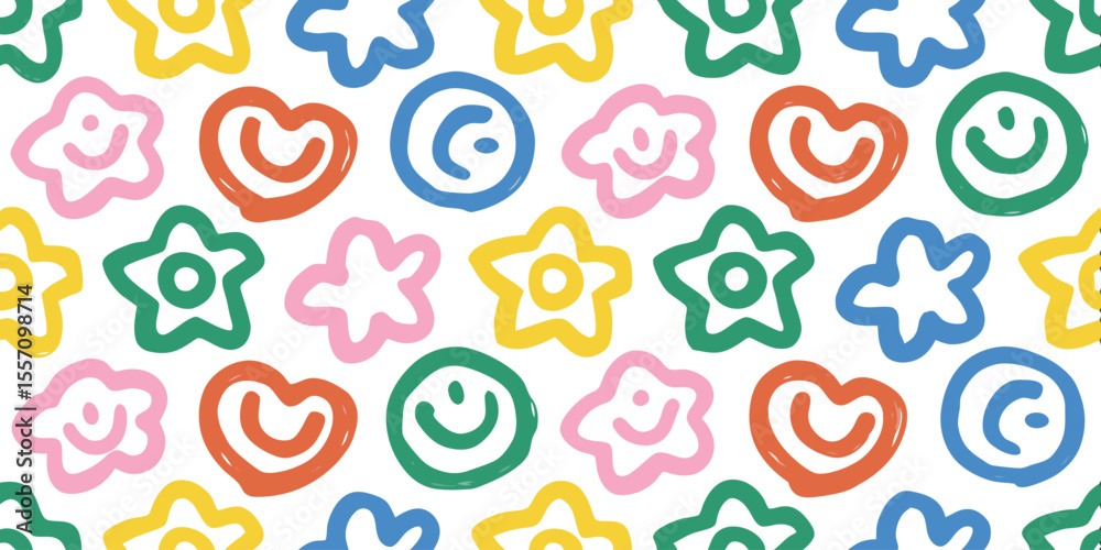 Fototapeta premium Joyful Pattern of Shapes: A vibrant array of hand-drawn smileys, stars, clouds and hearts create a playful and cheerful design, celebrating positivity.